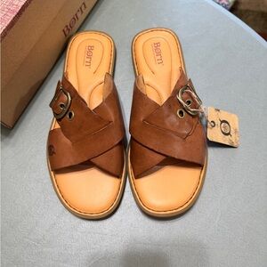 Born Raya Tan Leather Slide Sandals